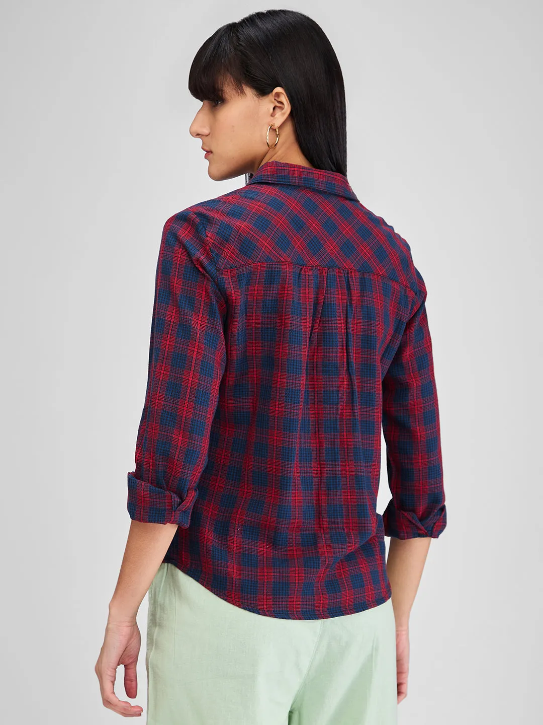 Spykar Red Regular Fit Checks Full Sleeves Shirt For Women