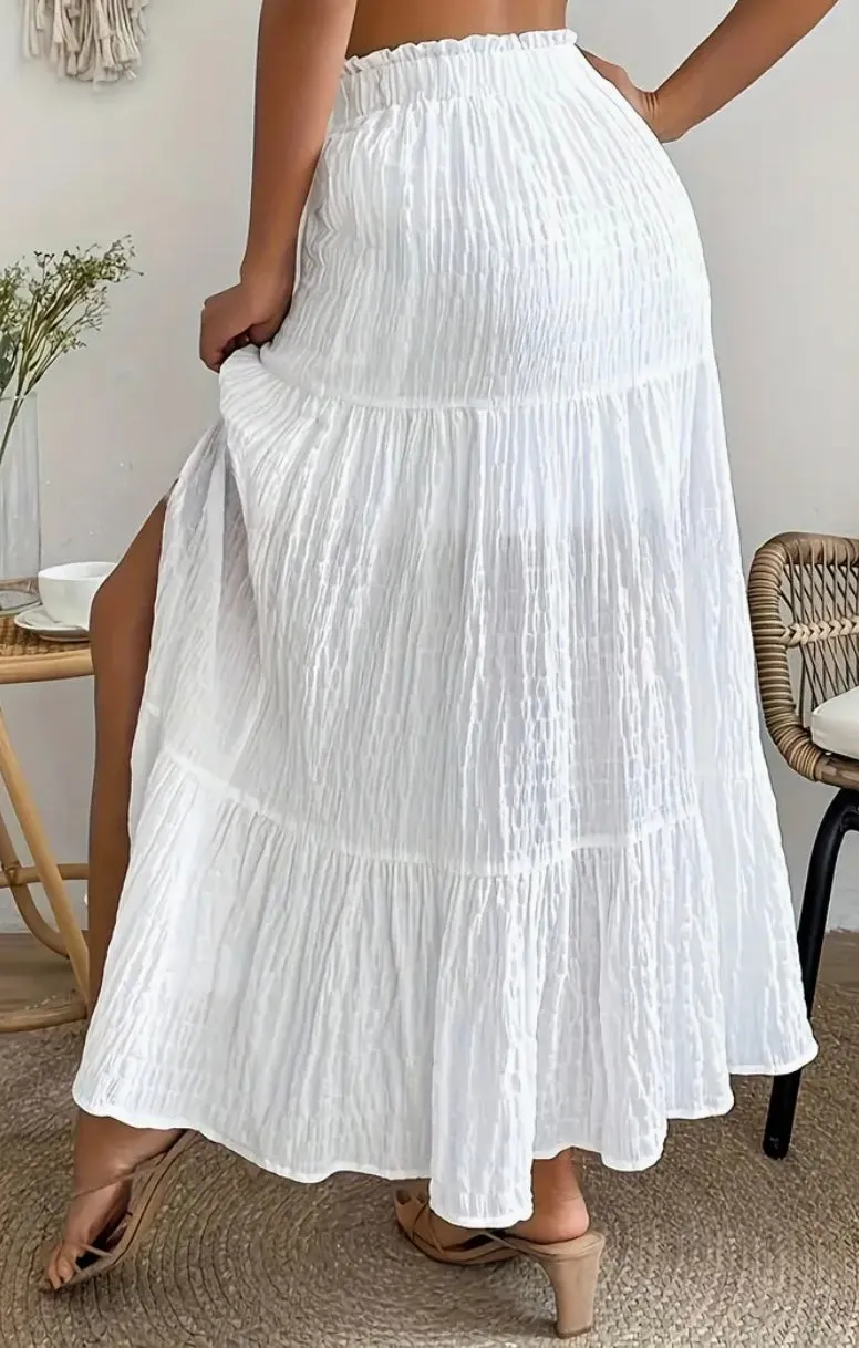 Summer Long Skirt for Women, White, 25% Cotton 75% Polyester, Side Slit, Curvy