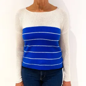 Tanzanite Blue and Cream Striped Cashmere Crew Neck Jumper Medium