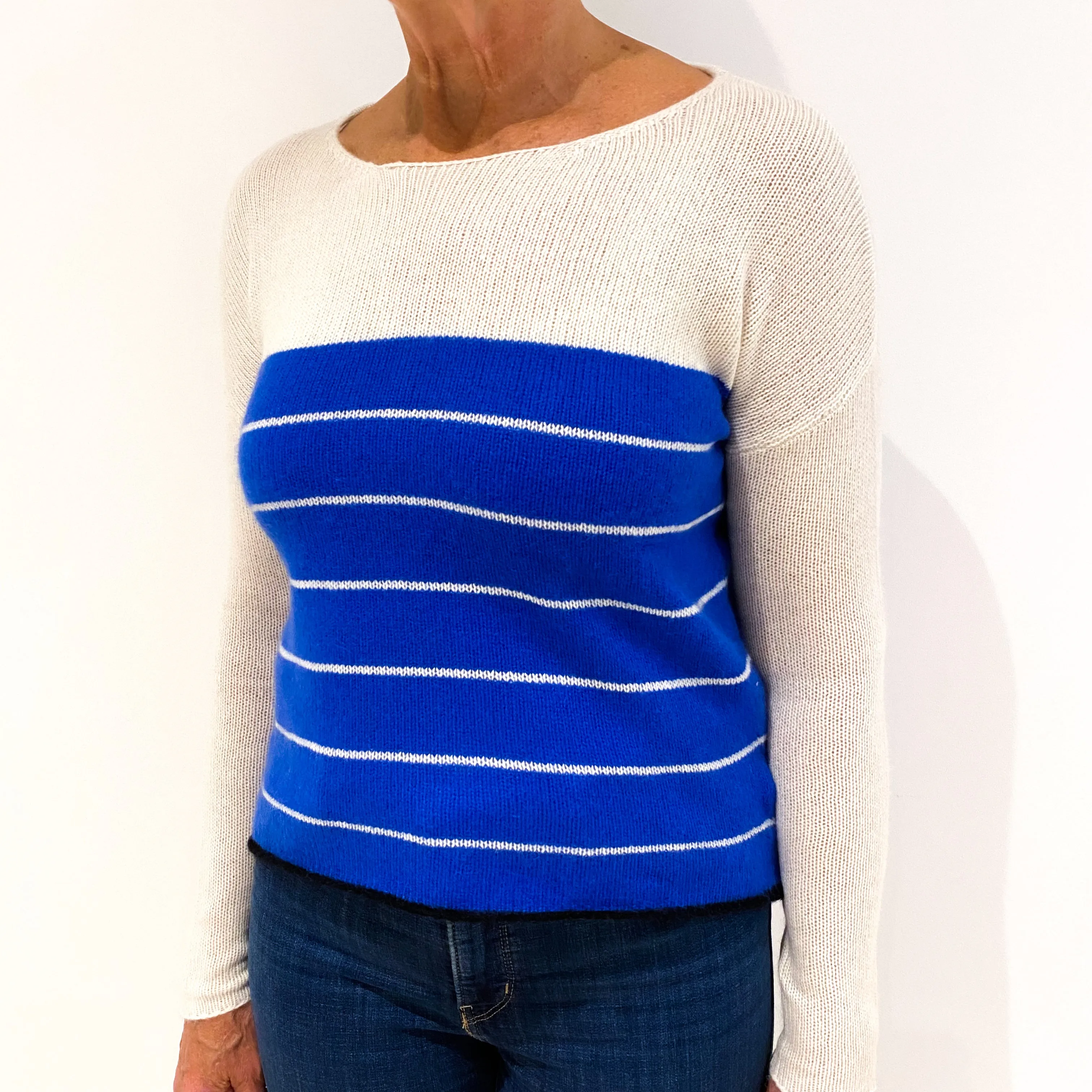 Tanzanite Blue and Cream Striped Cashmere Crew Neck Jumper Medium