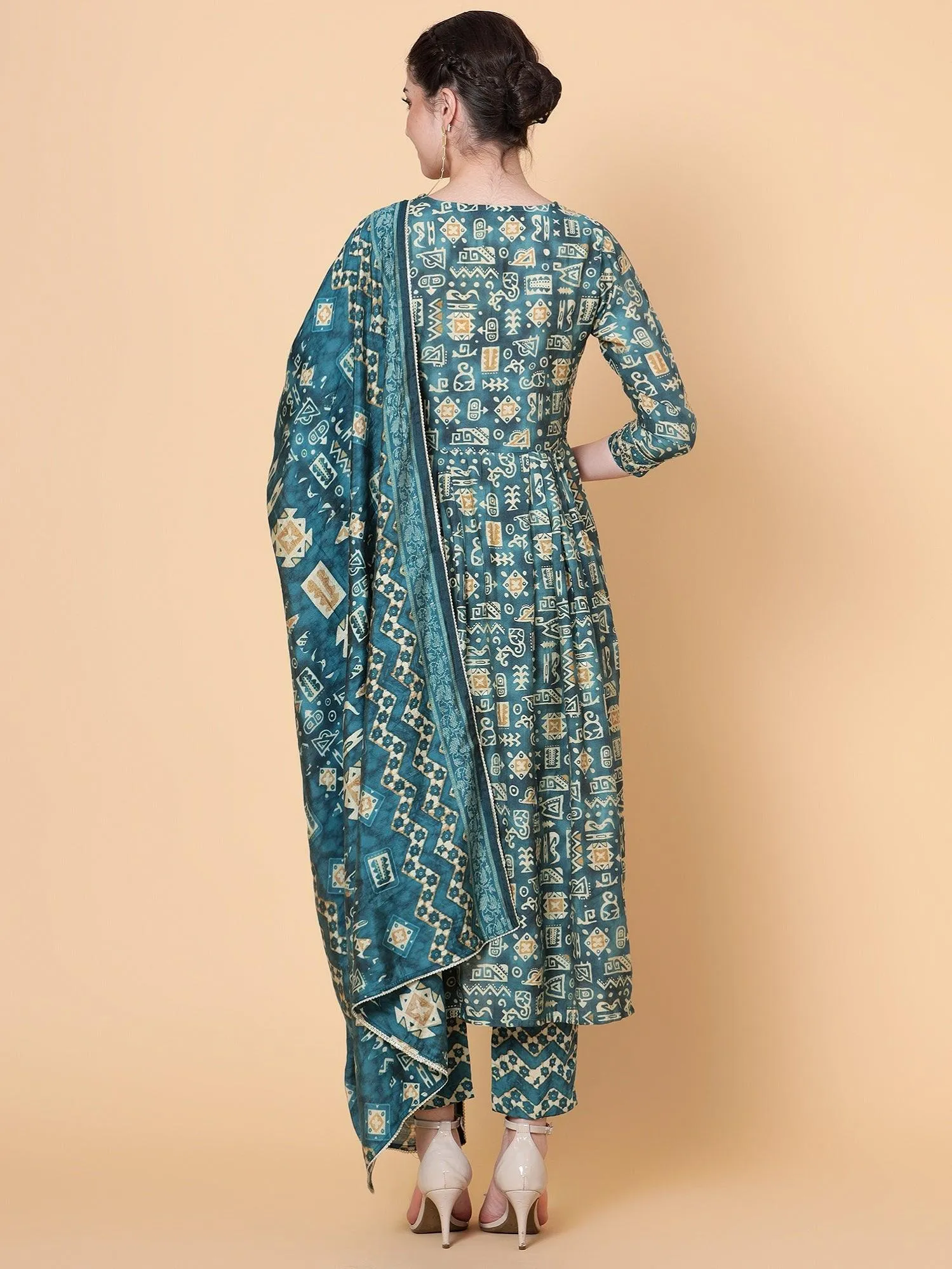 Teal Cotton Blend Geometric Kurta Dupatta Set