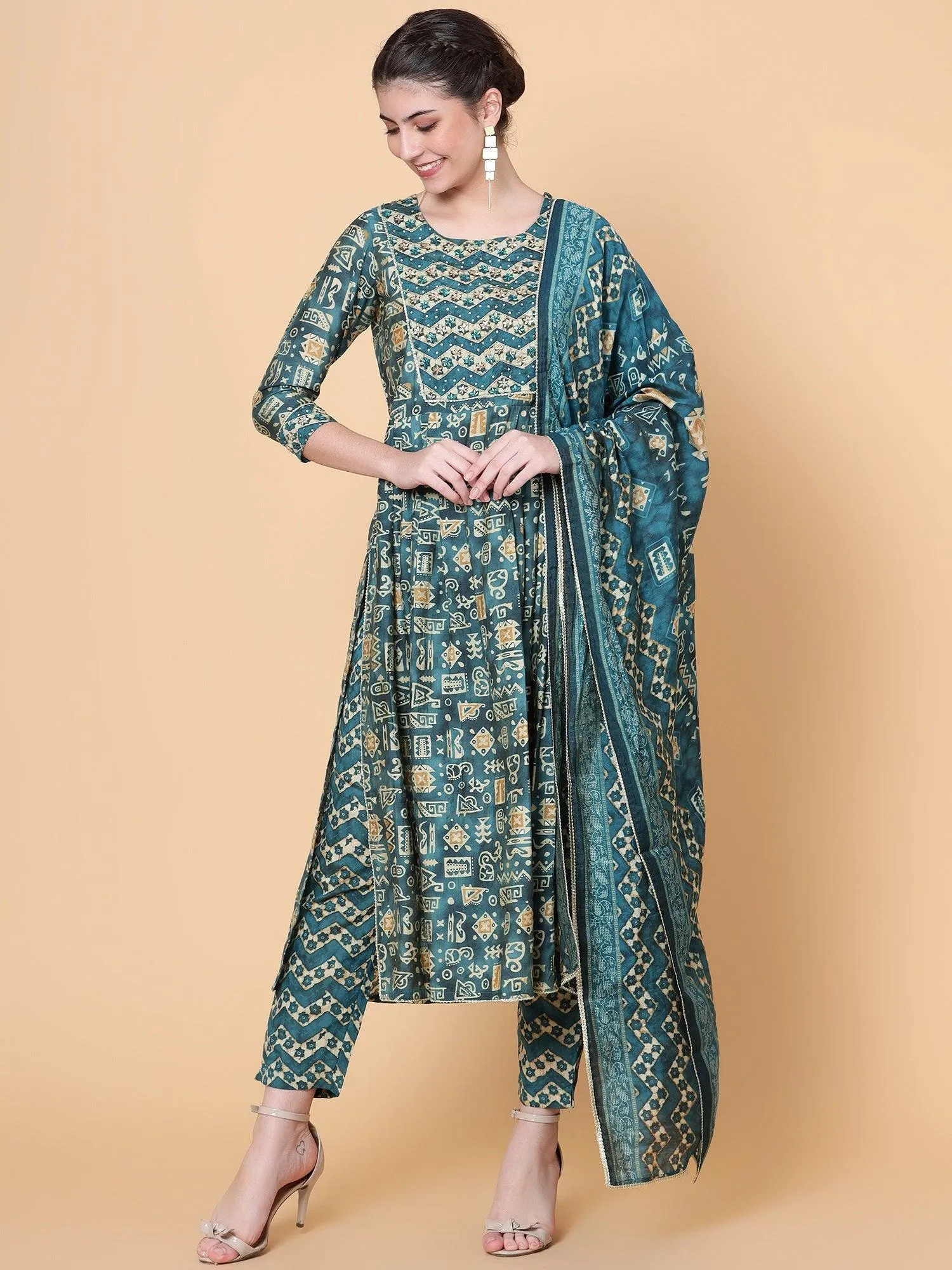 Teal Cotton Blend Geometric Kurta Dupatta Set