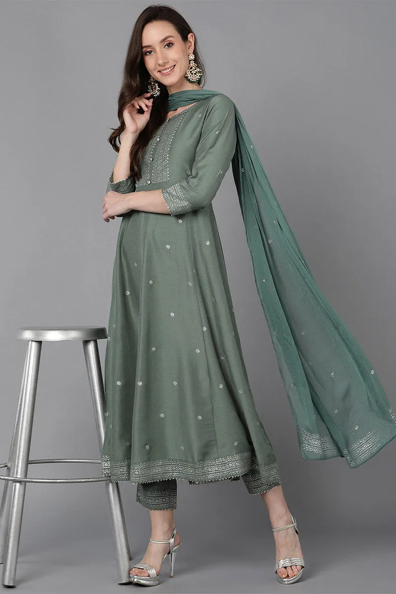 Teal Poly Silk Anarkali Kurta Pant With Dupatta