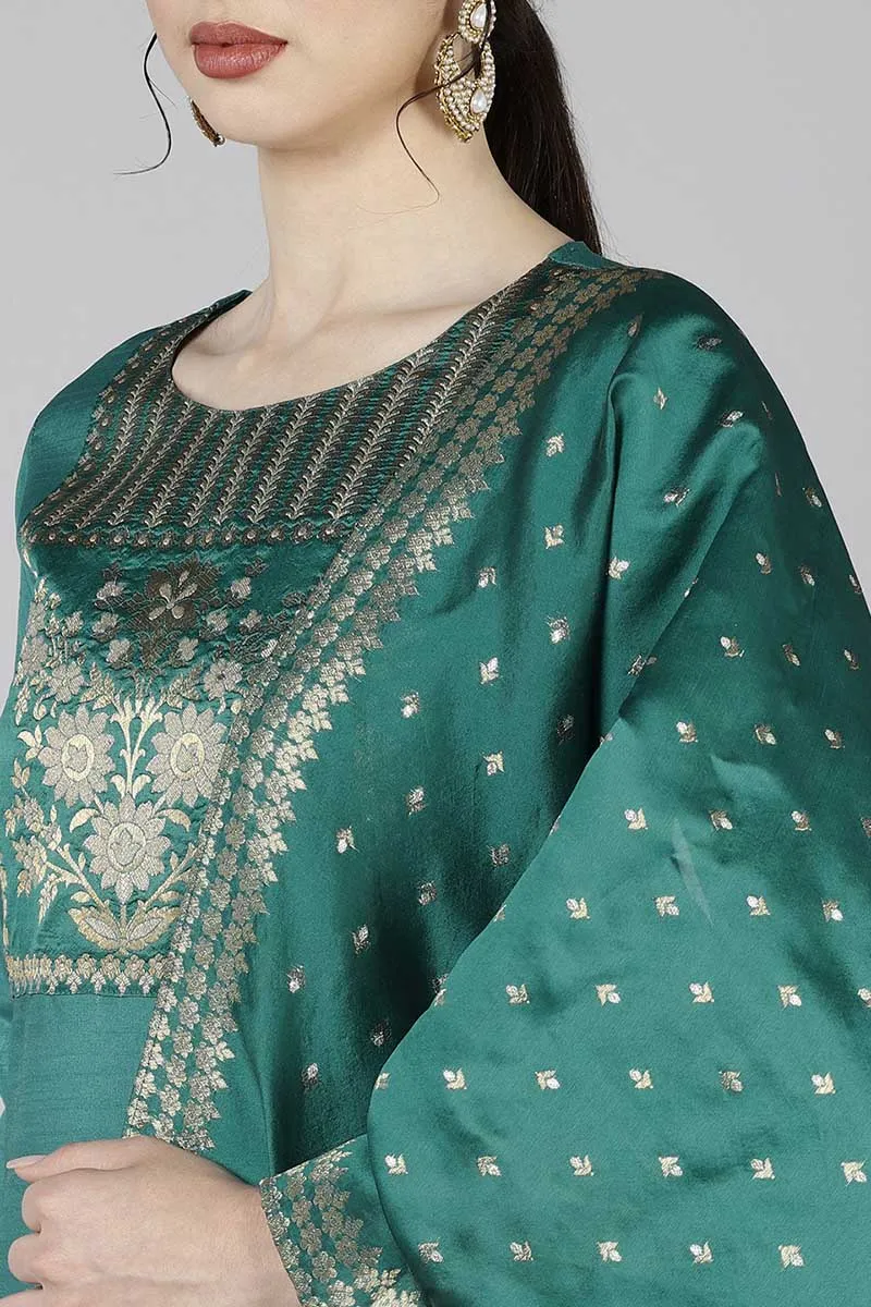 Teal Poly Silk Yoke Design Straight Suit Set