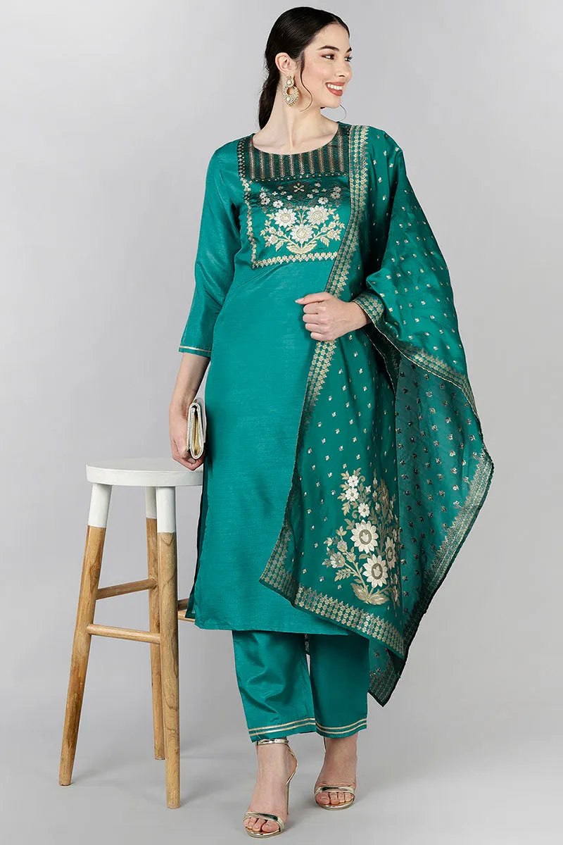 Teal Poly Silk Yoke Design Straight Suit Set