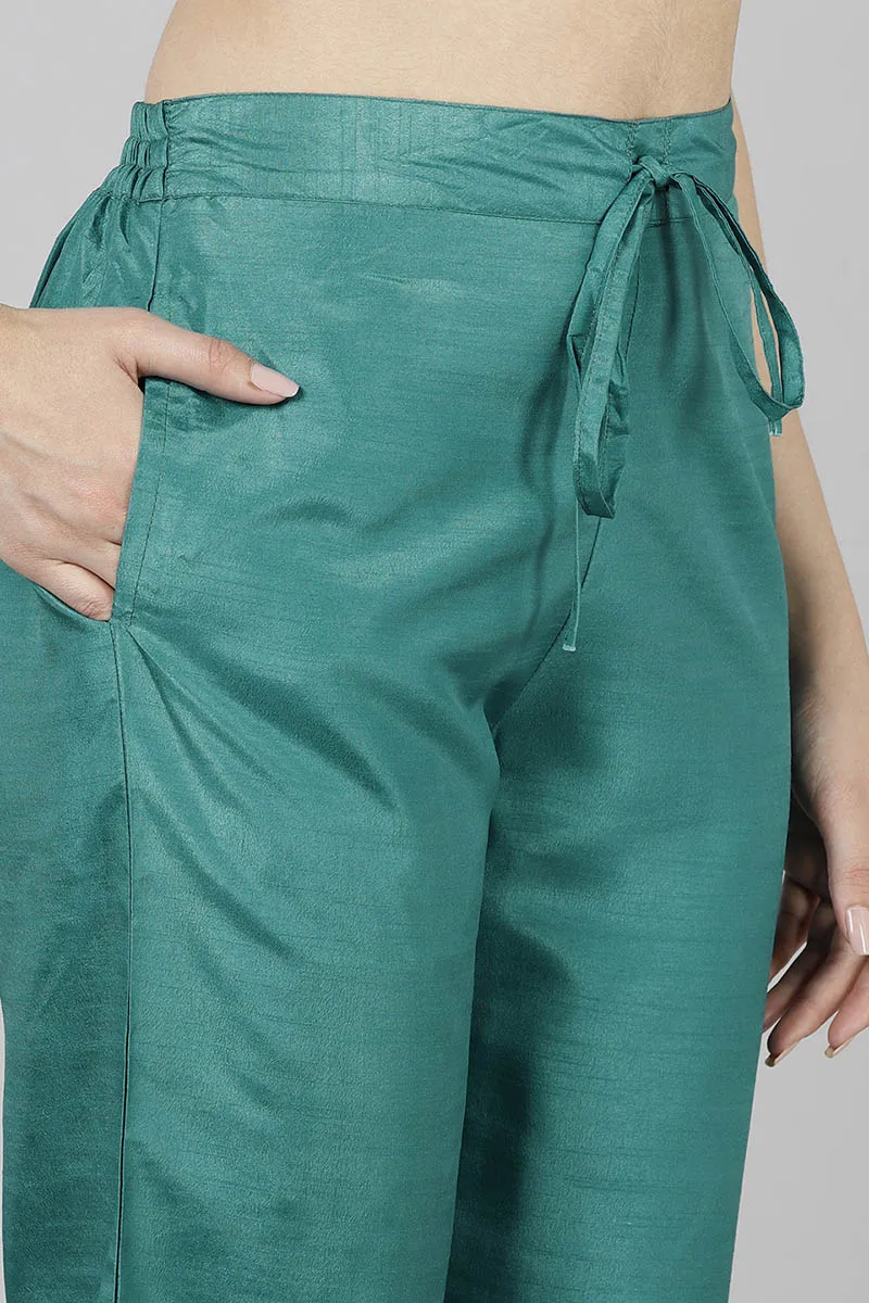 Teal Poly Silk Yoke Design Straight Suit Set