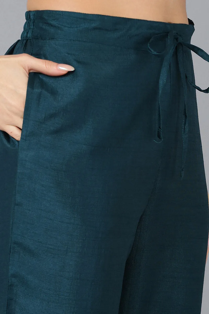 Teal Silk Blend Solid A-Line Kurta Trousers With Dupatta