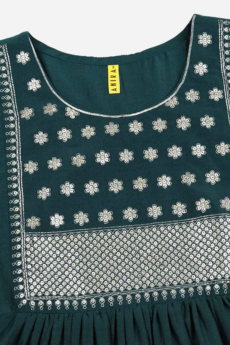 Teal Silk Blend Solid A-Line Kurta Trousers With Dupatta
