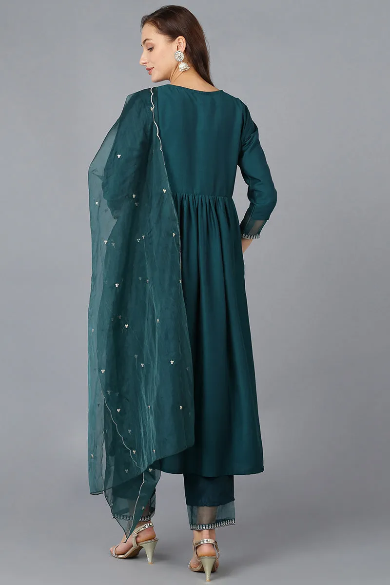 Teal Silk Blend Solid A-Line Kurta Trousers With Dupatta