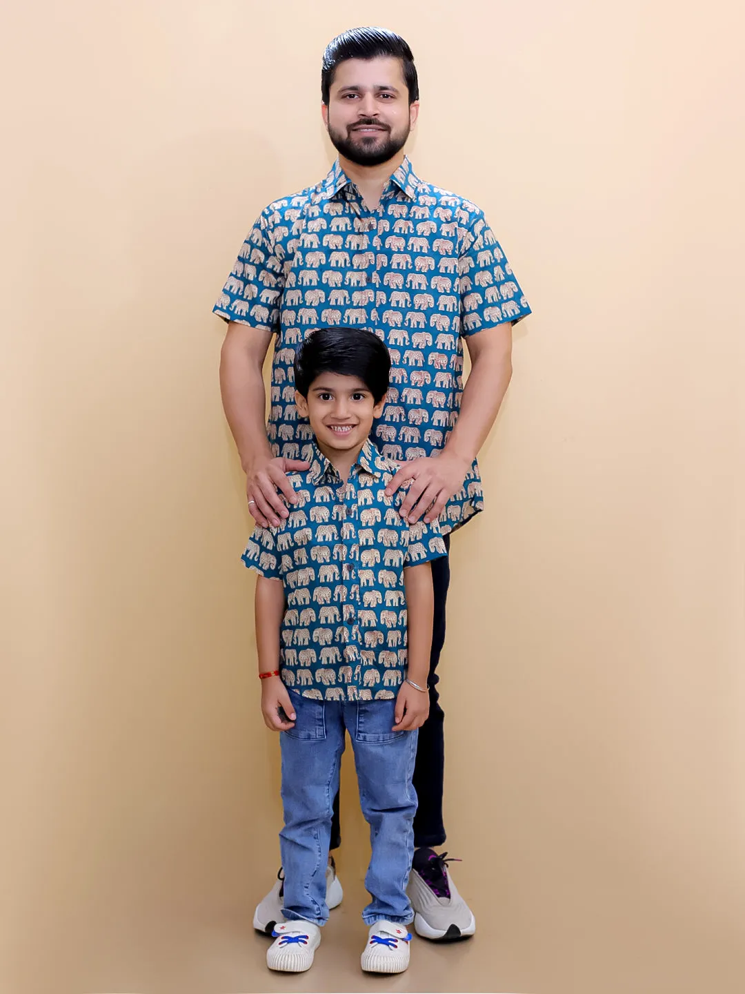 Twinning Combo-Teal Elephant Print Mens Shirt with Teal Elephant Print Boys Shirt