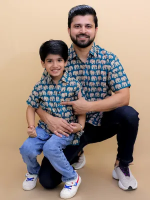 Twinning Combo-Teal Elephant Print Mens Shirt with Teal Elephant Print Boys Shirt Twinning Combo-Teal Elephant Print Mens Shirt with Teal Elephant Print Boys Shirt