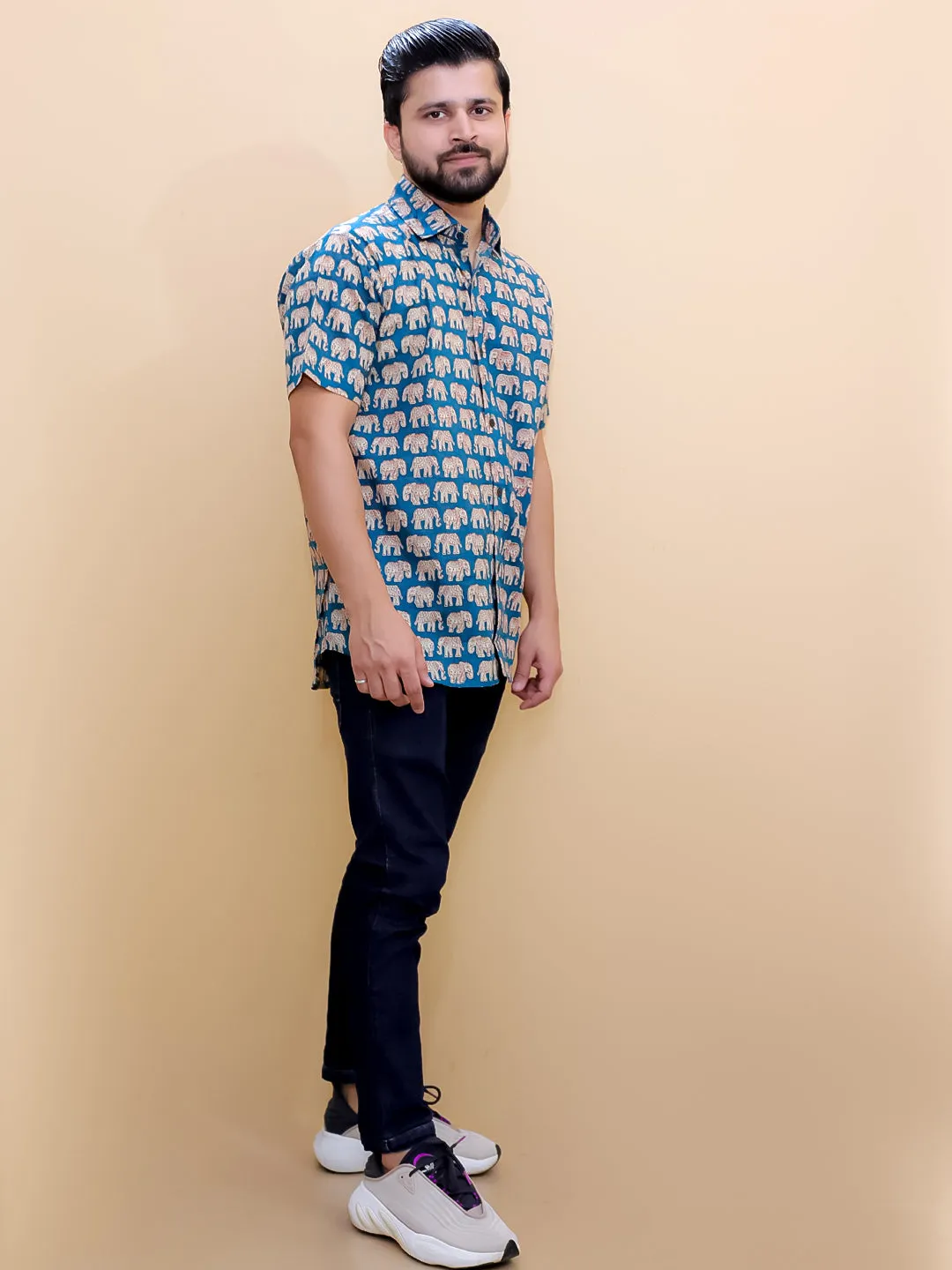 Twinning Combo-Teal Elephant Print Mens Shirt with Teal Elephant Print Boys Shirt