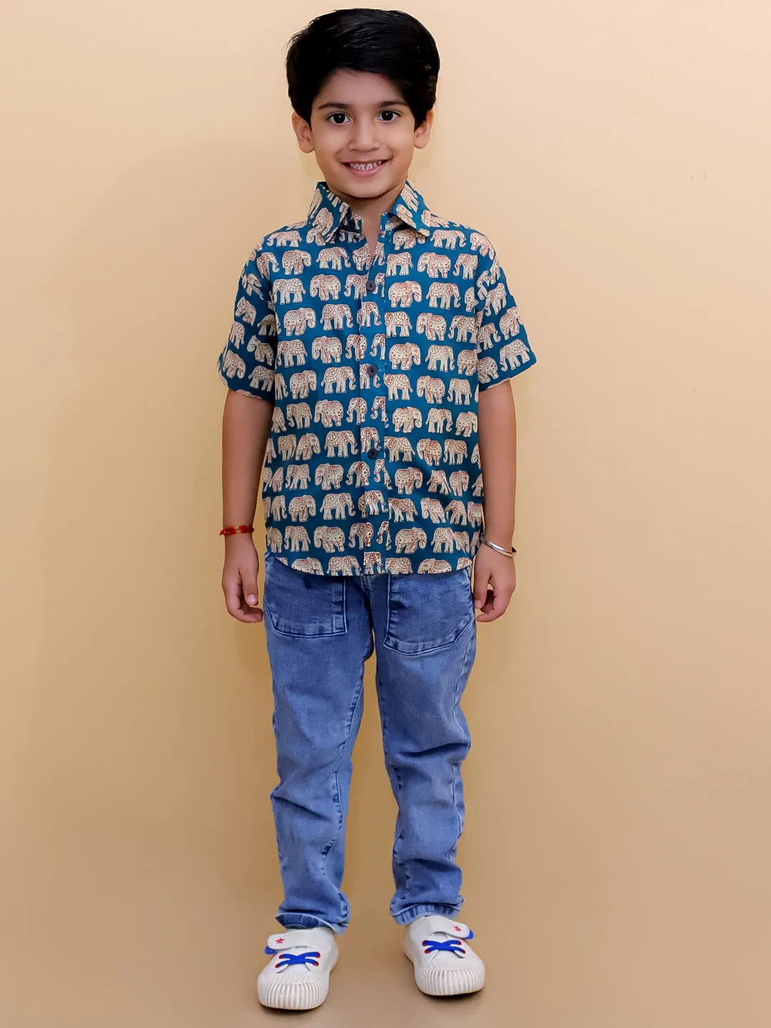 Twinning Combo-Teal Elephant Print Mens Shirt with Teal Elephant Print Boys Shirt