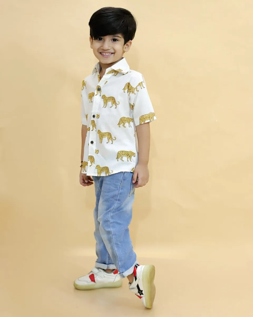 Twinning Combo-White Leopard Print Mens And Boys Shirt