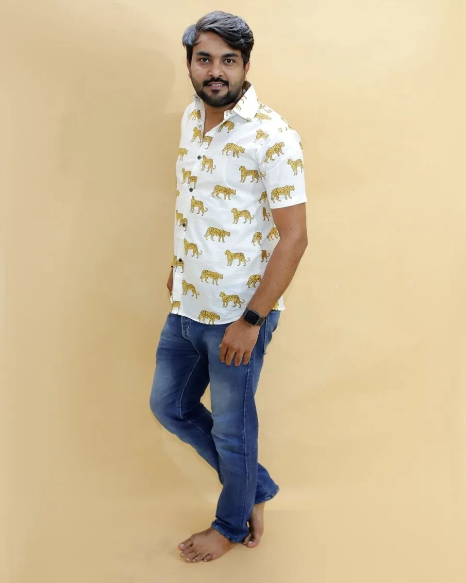 Twinning Combo-White Leopard Print Mens And Boys Shirt