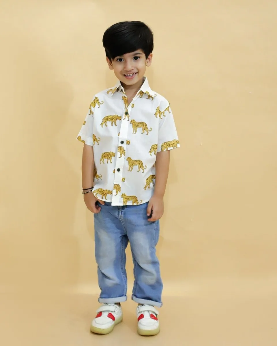 Twinning Combo-White Leopard Print Mens And Boys Shirt