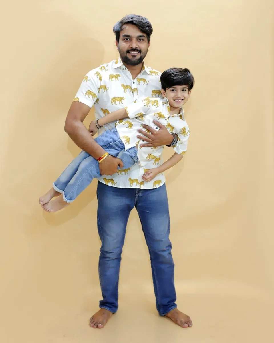 Twinning Combo-White Leopard Print Mens And Boys Shirt