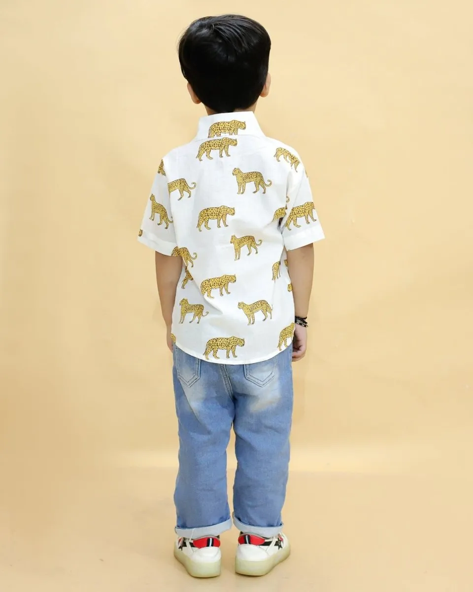 Twinning Combo-White Leopard Print Mens And Boys Shirt