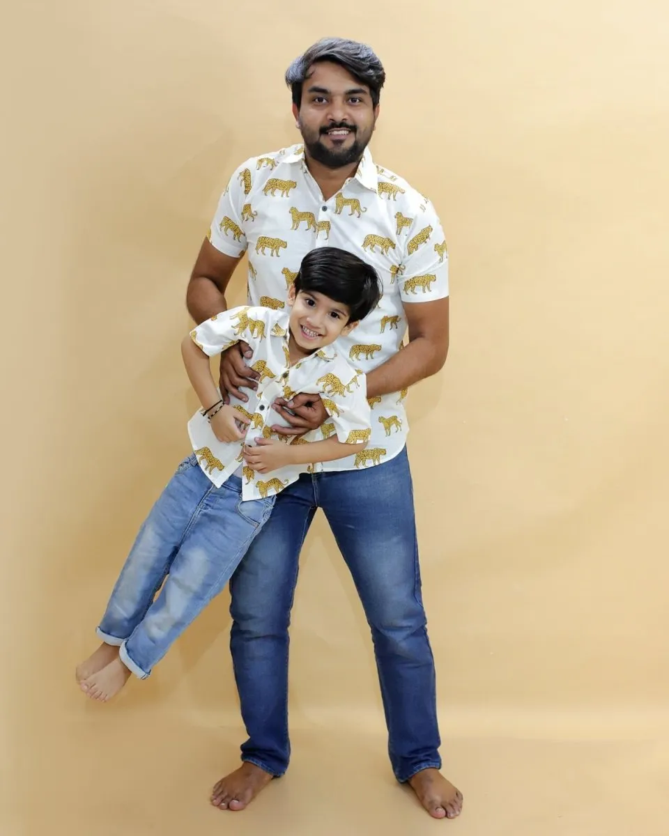 Twinning Combo-White Leopard Print Mens And Boys Shirt