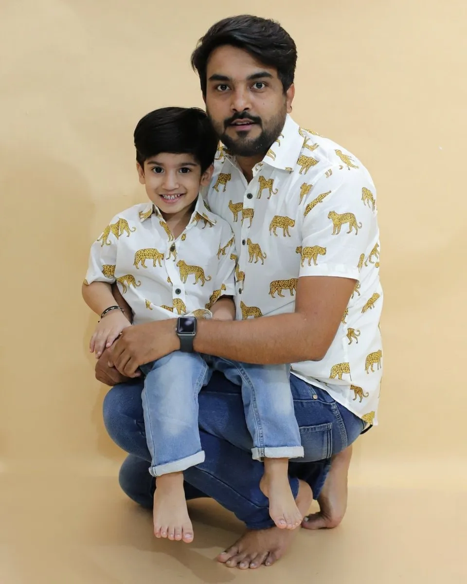 Twinning Combo-White Leopard Print Mens And Boys Shirt