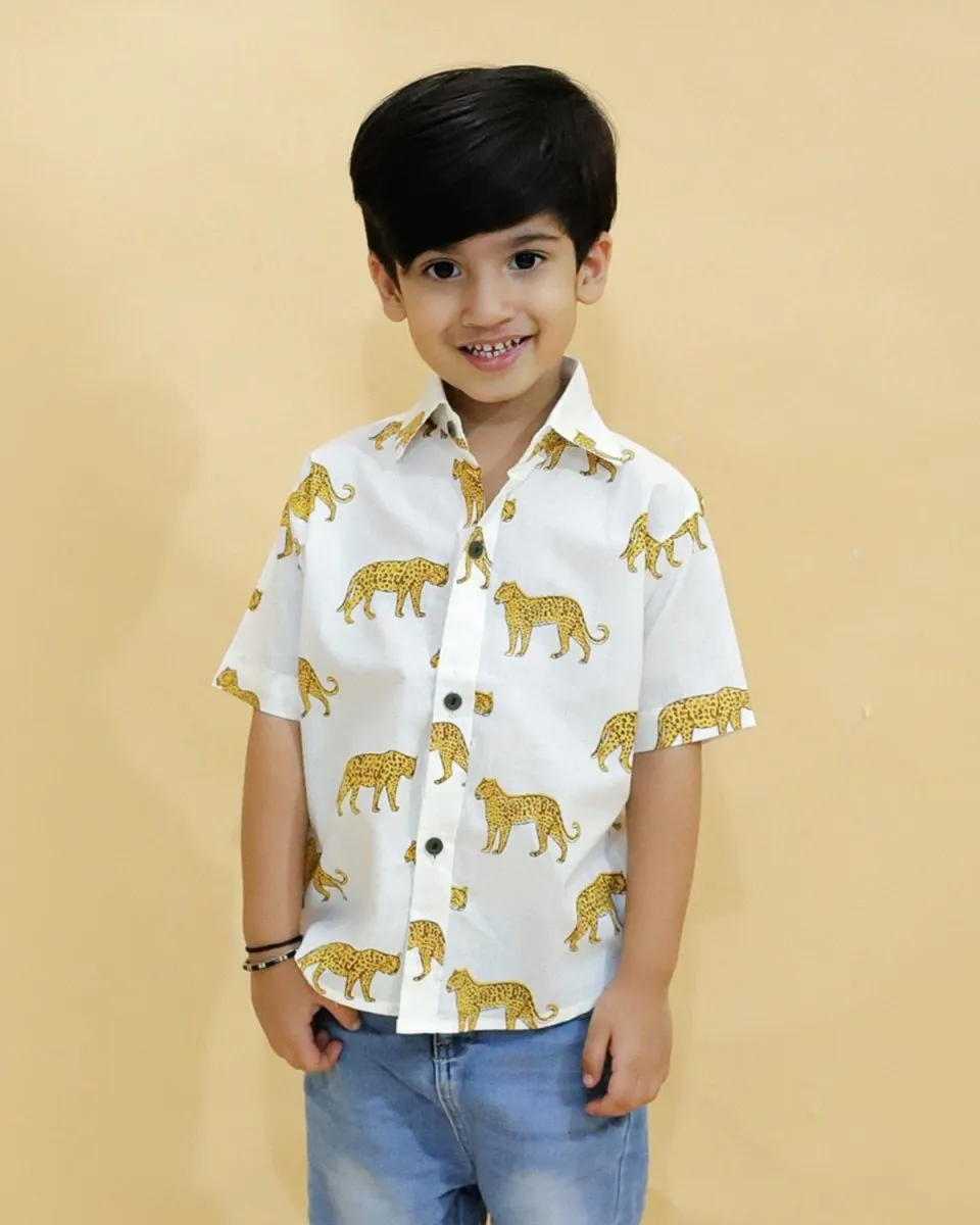 Twinning Combo-White Leopard Print Mens And Boys Shirt