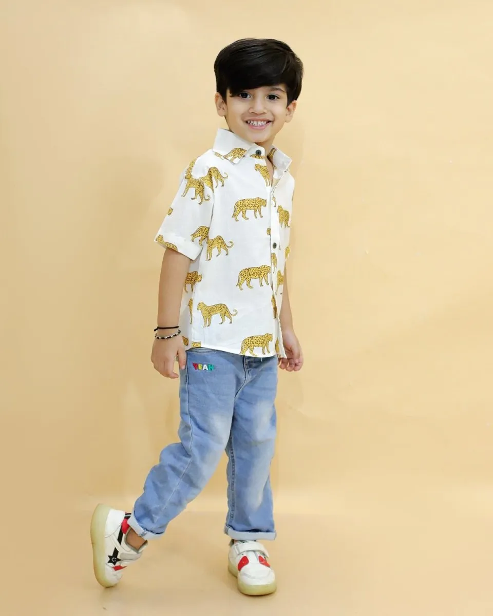 Twinning Combo-White Leopard Print Mens And Boys Shirt