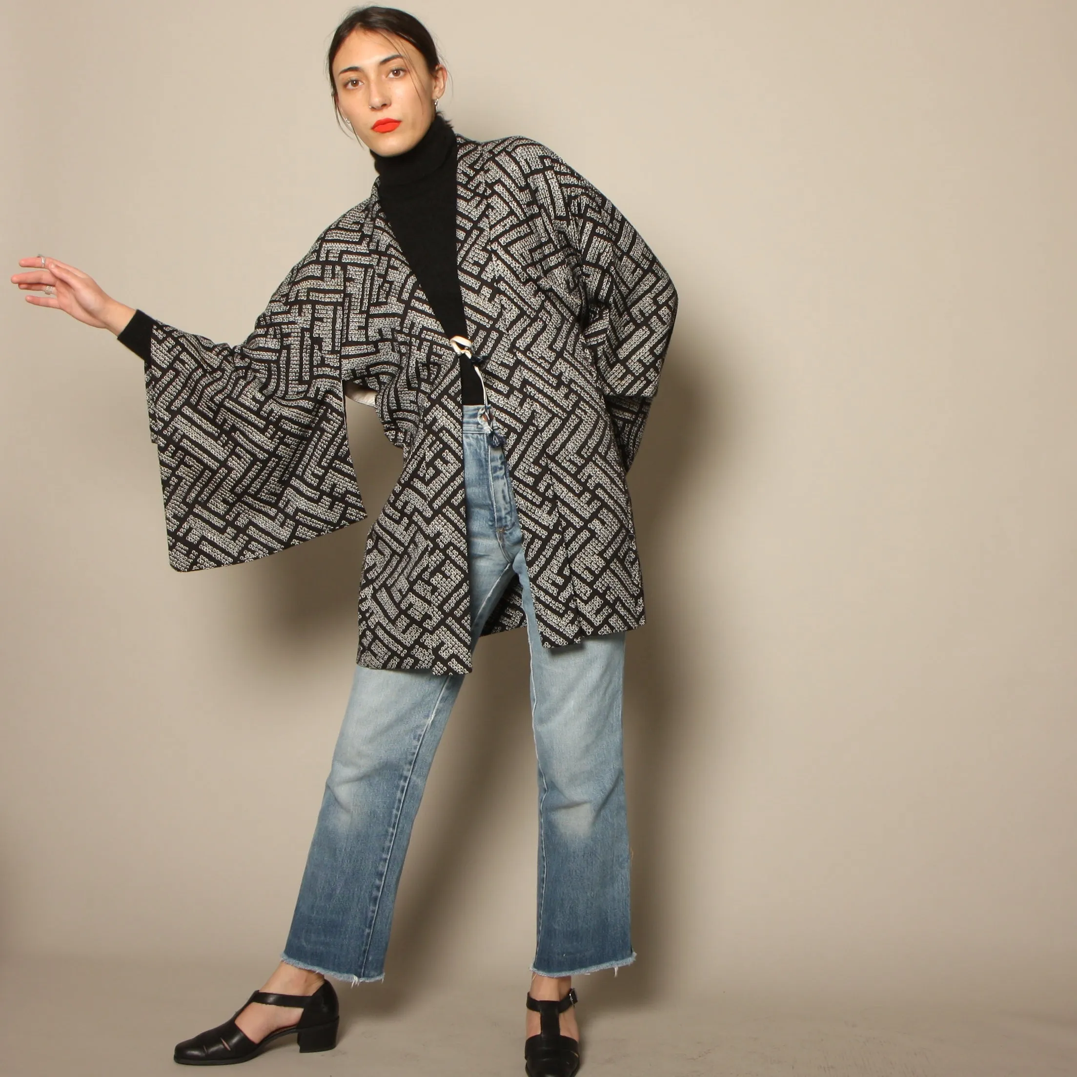 Vintage 70's Graphic Textural Shibori Dyed Silk Haori