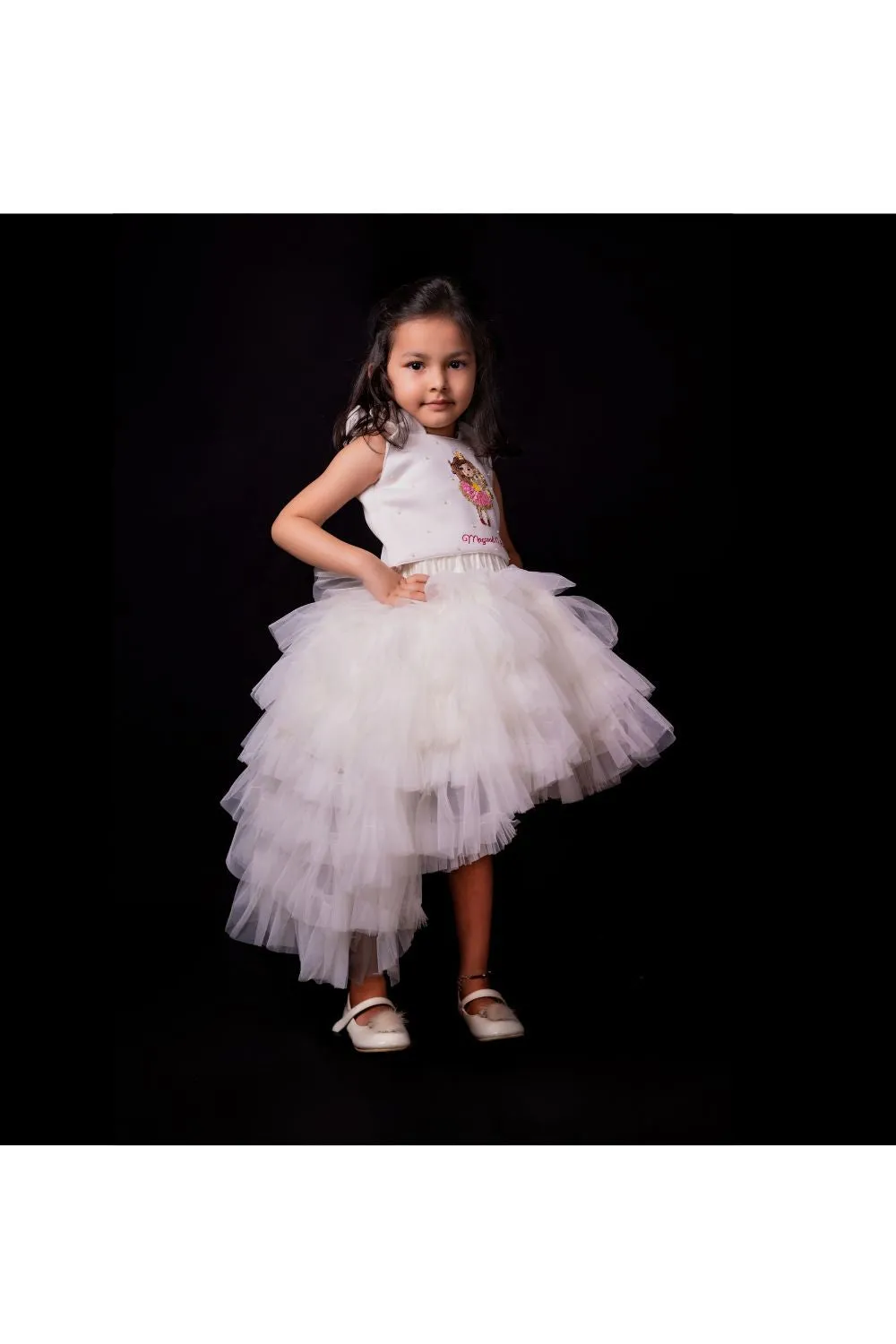 White Pearl Detailing Magical Vibes Top With High Low Skirt Set