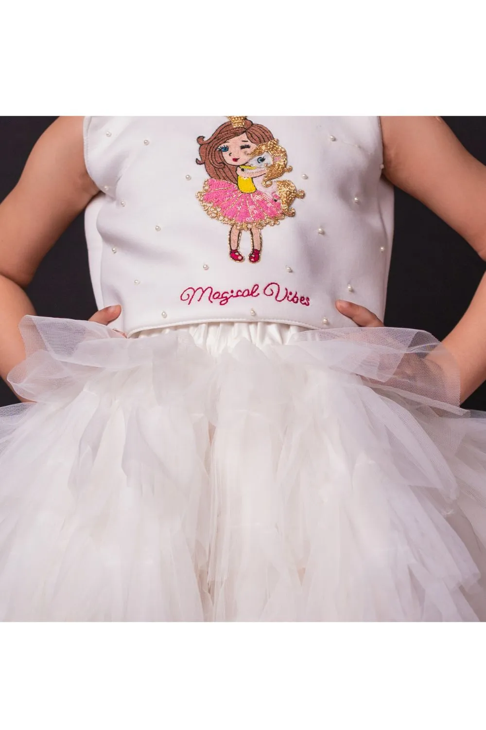 White Pearl Detailing Magical Vibes Top With High Low Skirt Set