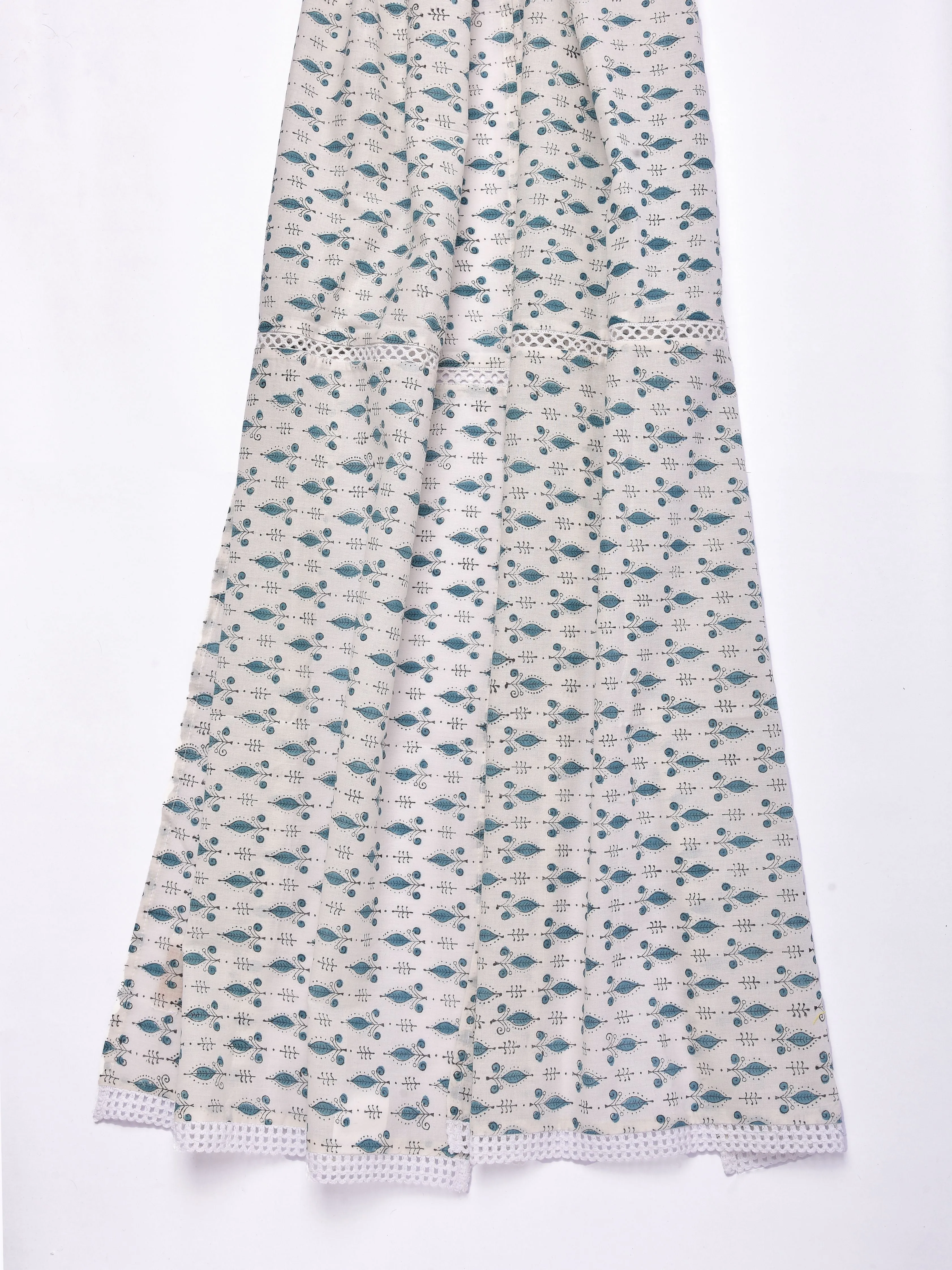 White Teal Buta Block Print Cotton Stole