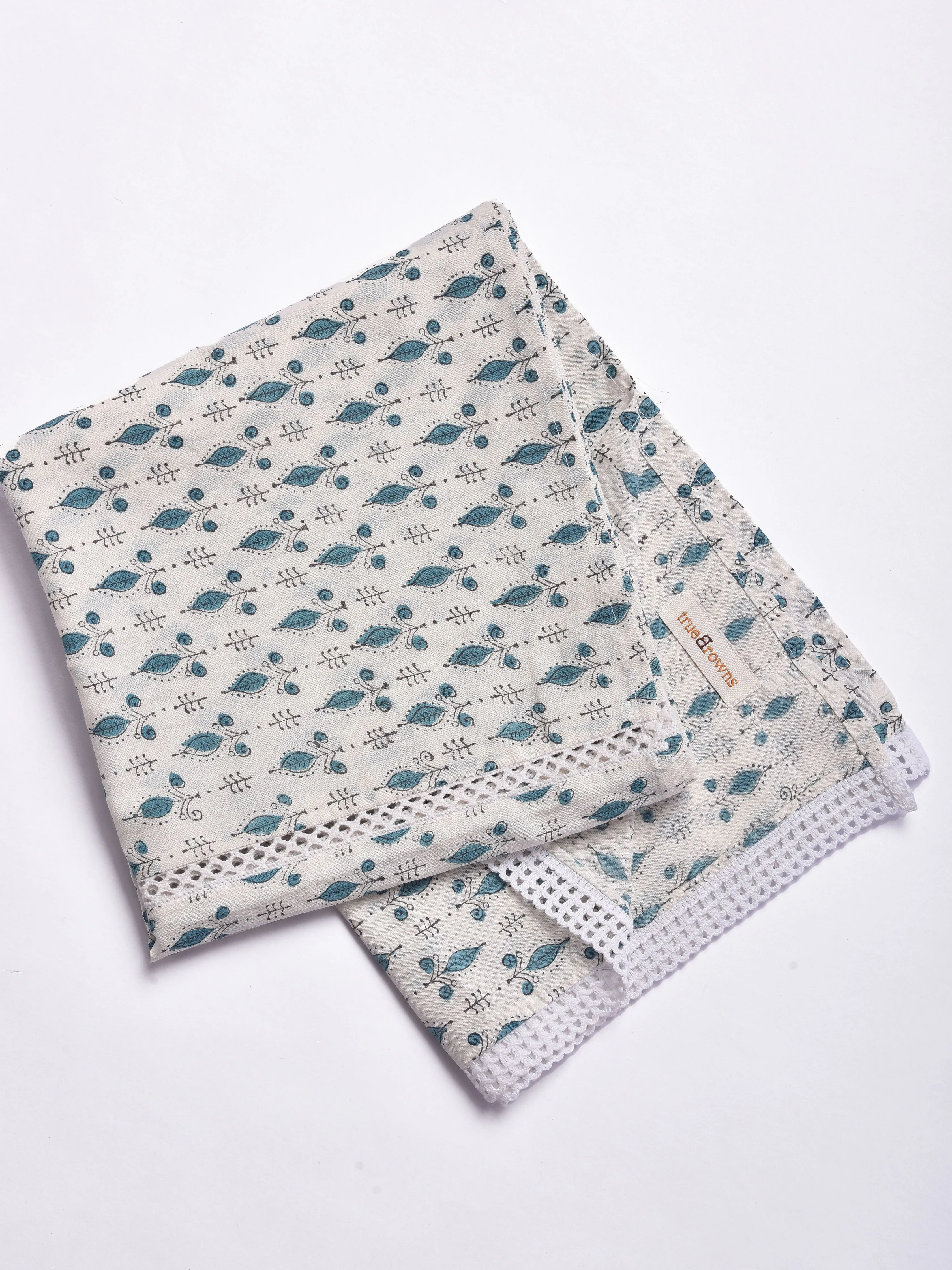 White Teal Buta Block Print Cotton Stole