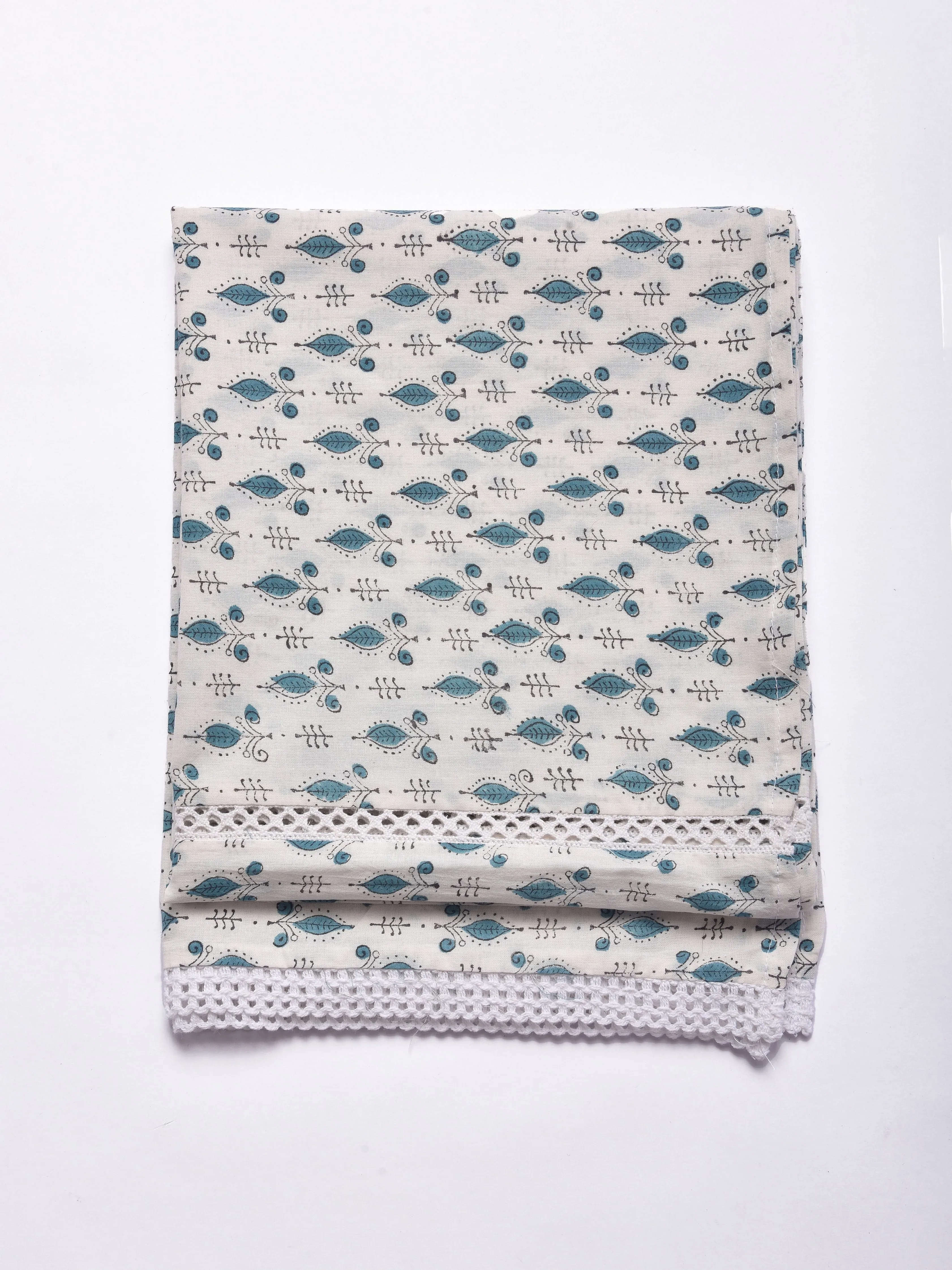 White Teal Buta Block Print Cotton Stole