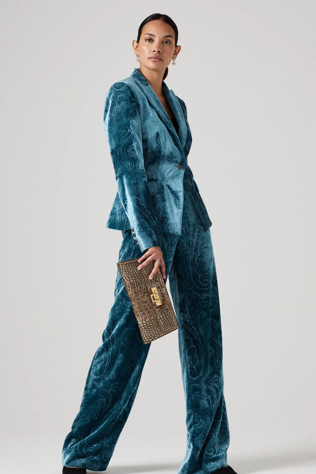 Wide Leg Trousers in Teal Paisley Printed Velvet - Paloma