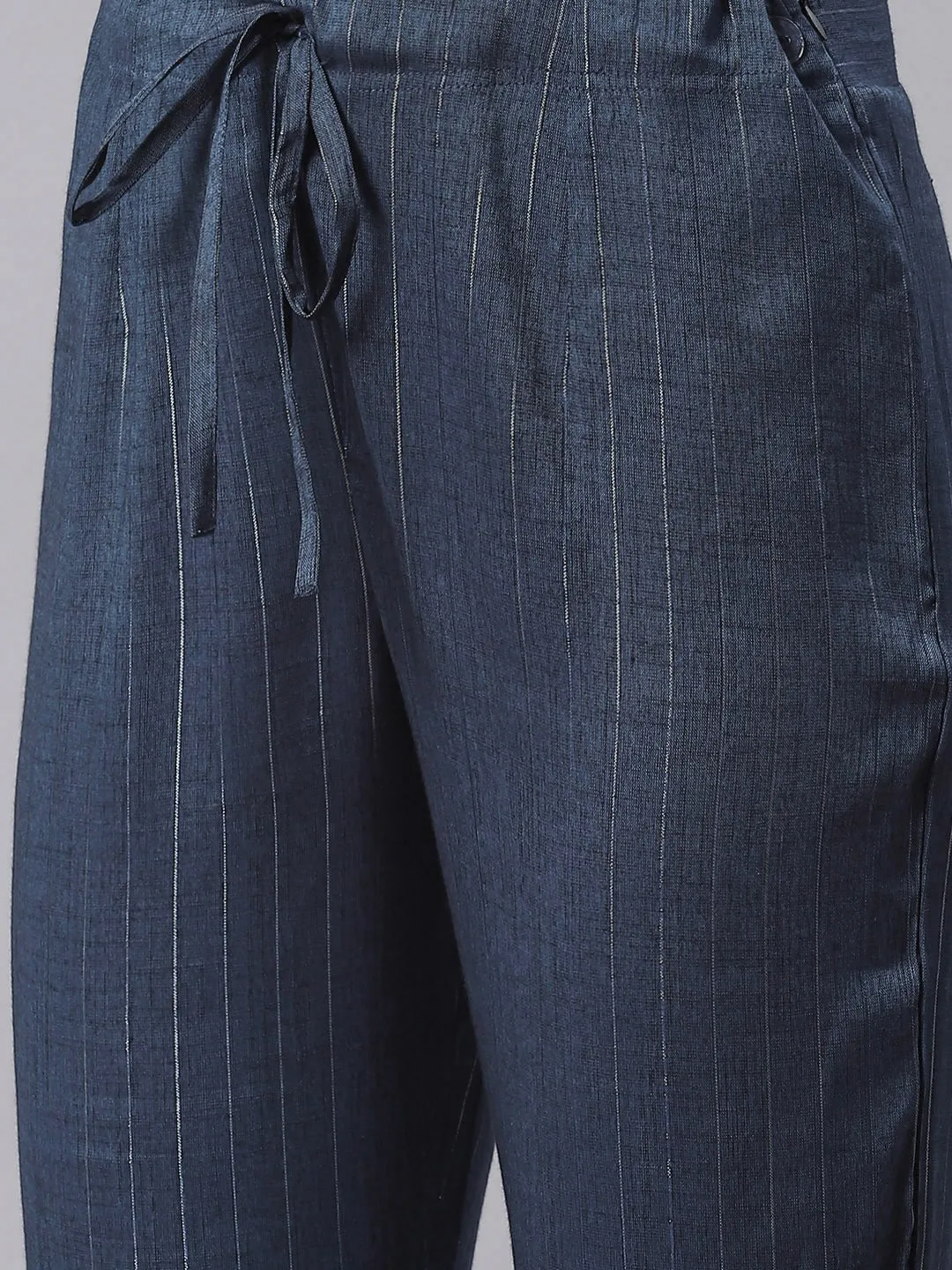 Women Teal Blue Striped Kurta With Trousers And Dupatta