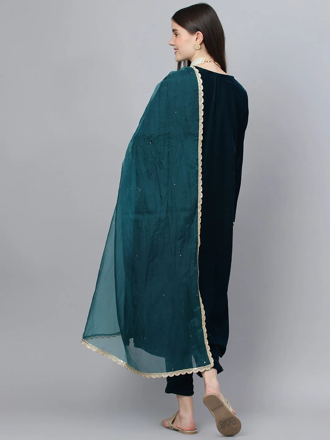 Women Teal Green Valvet Hand Work Kurta Pant With Organza Dupatta Set