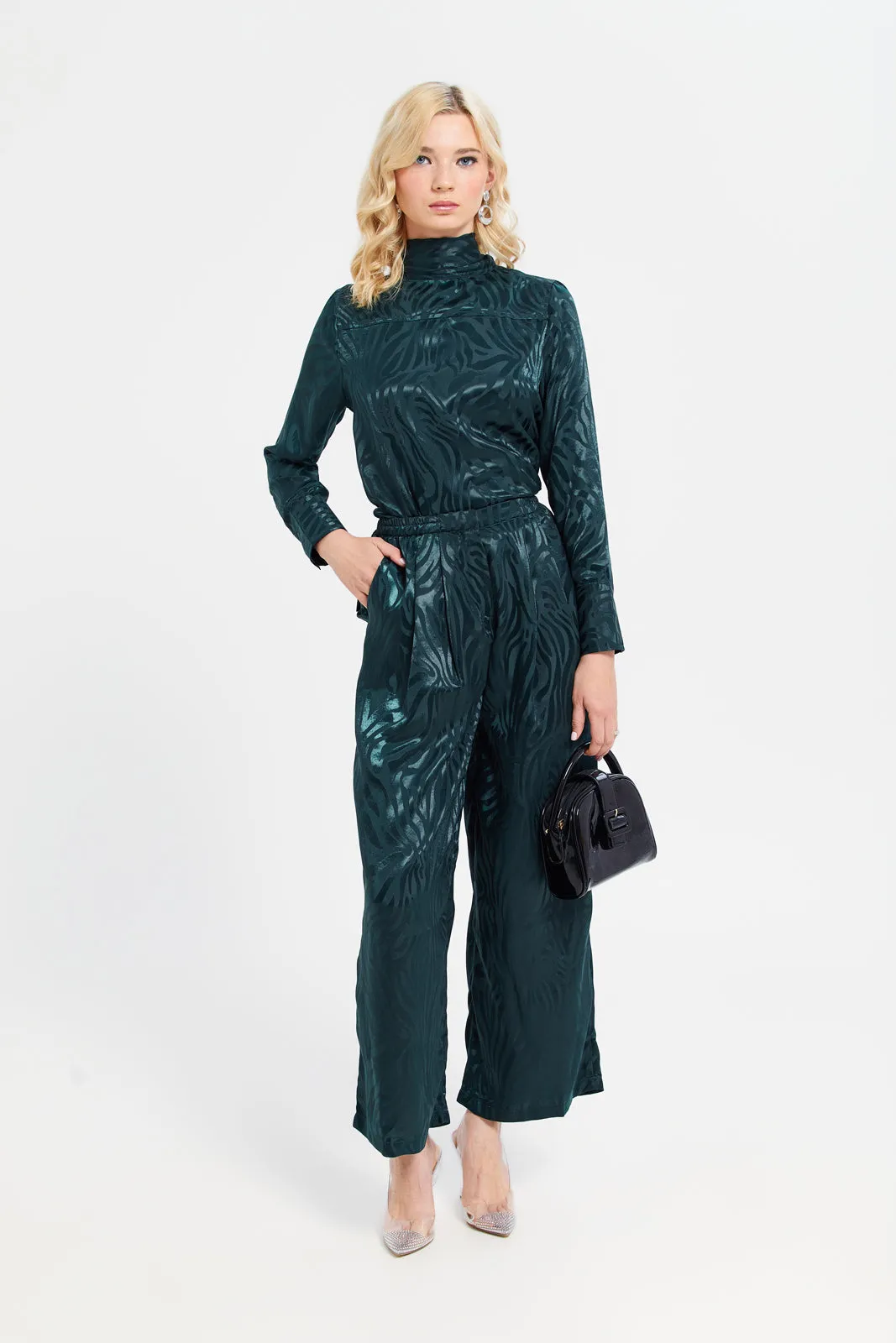 Women Teal Satin Jacquard Trousers