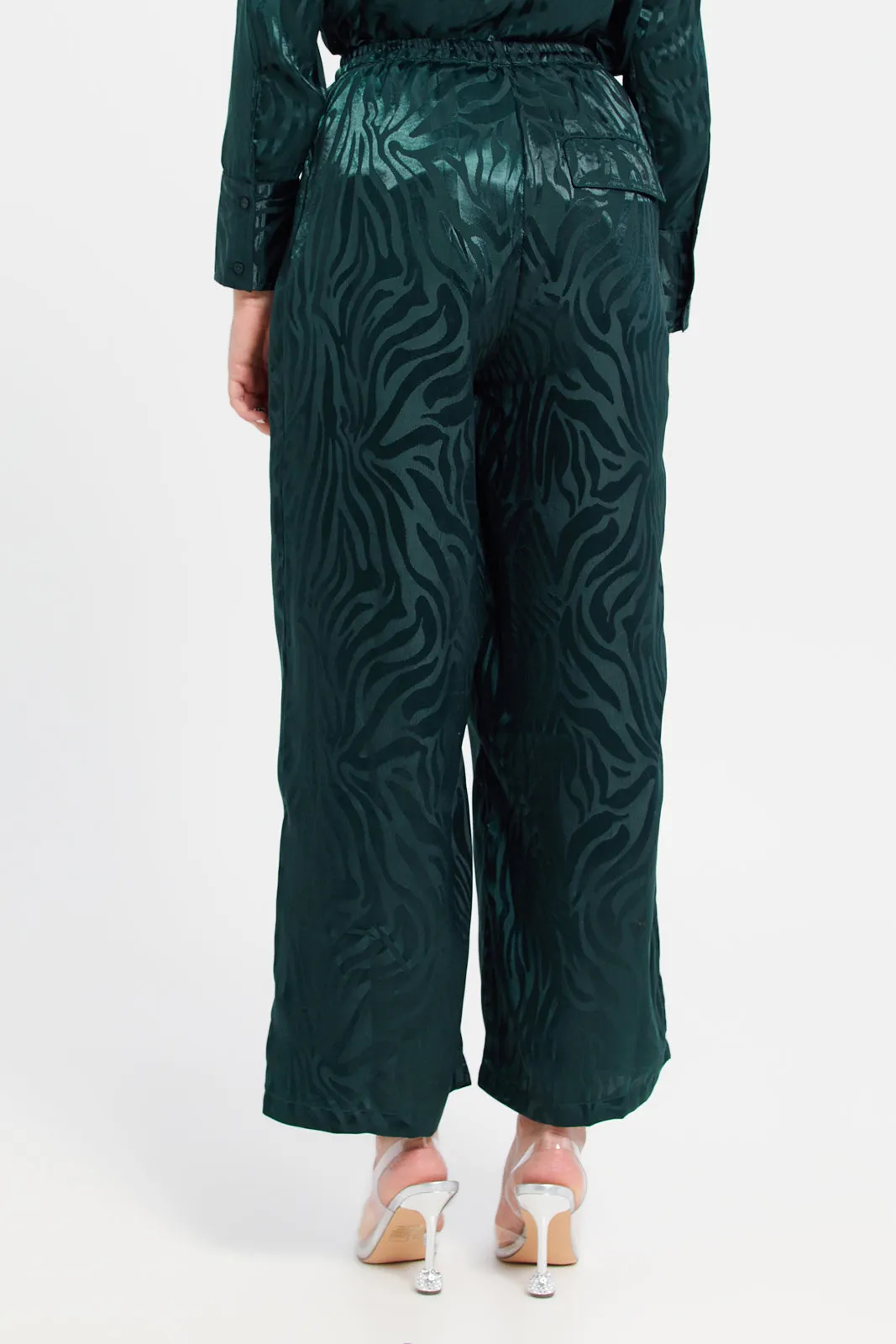 Women Teal Satin Jacquard Trousers