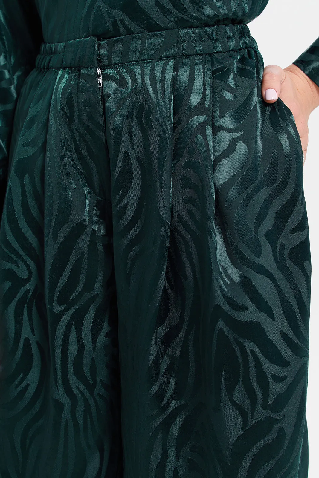 Women Teal Satin Jacquard Trousers