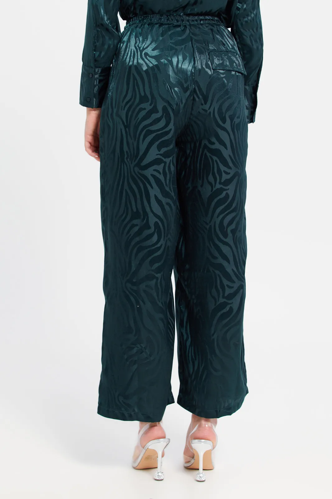 Women Teal Satin Jacquard Trousers