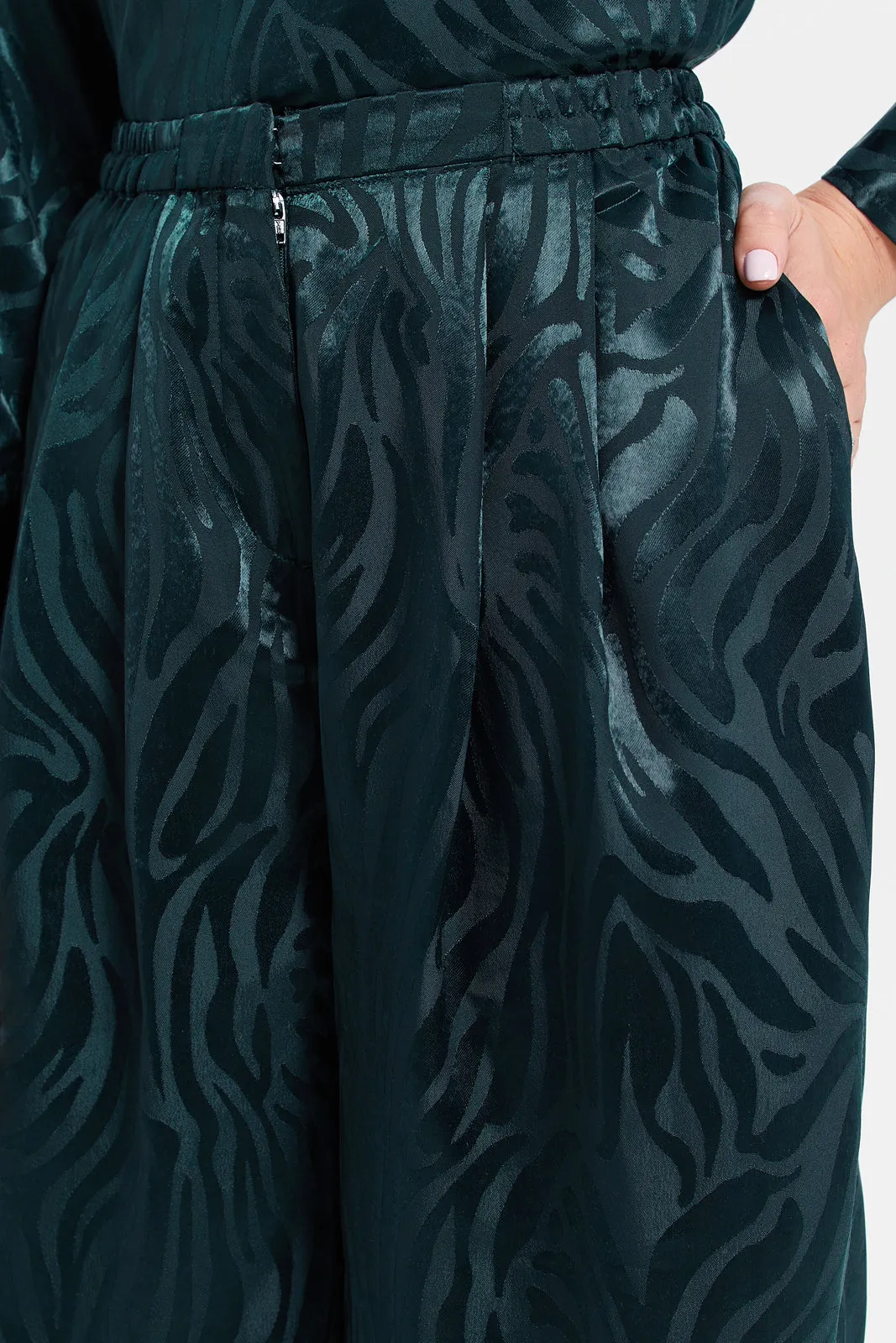 Women Teal Satin Jacquard Trousers