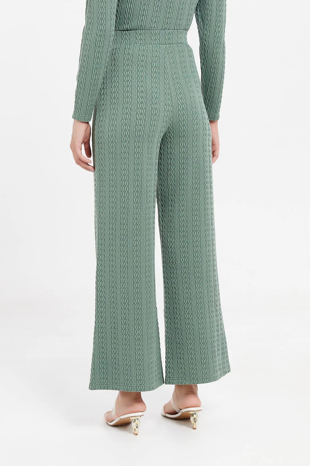 Women Teal Wide Leg Textured Trousers
