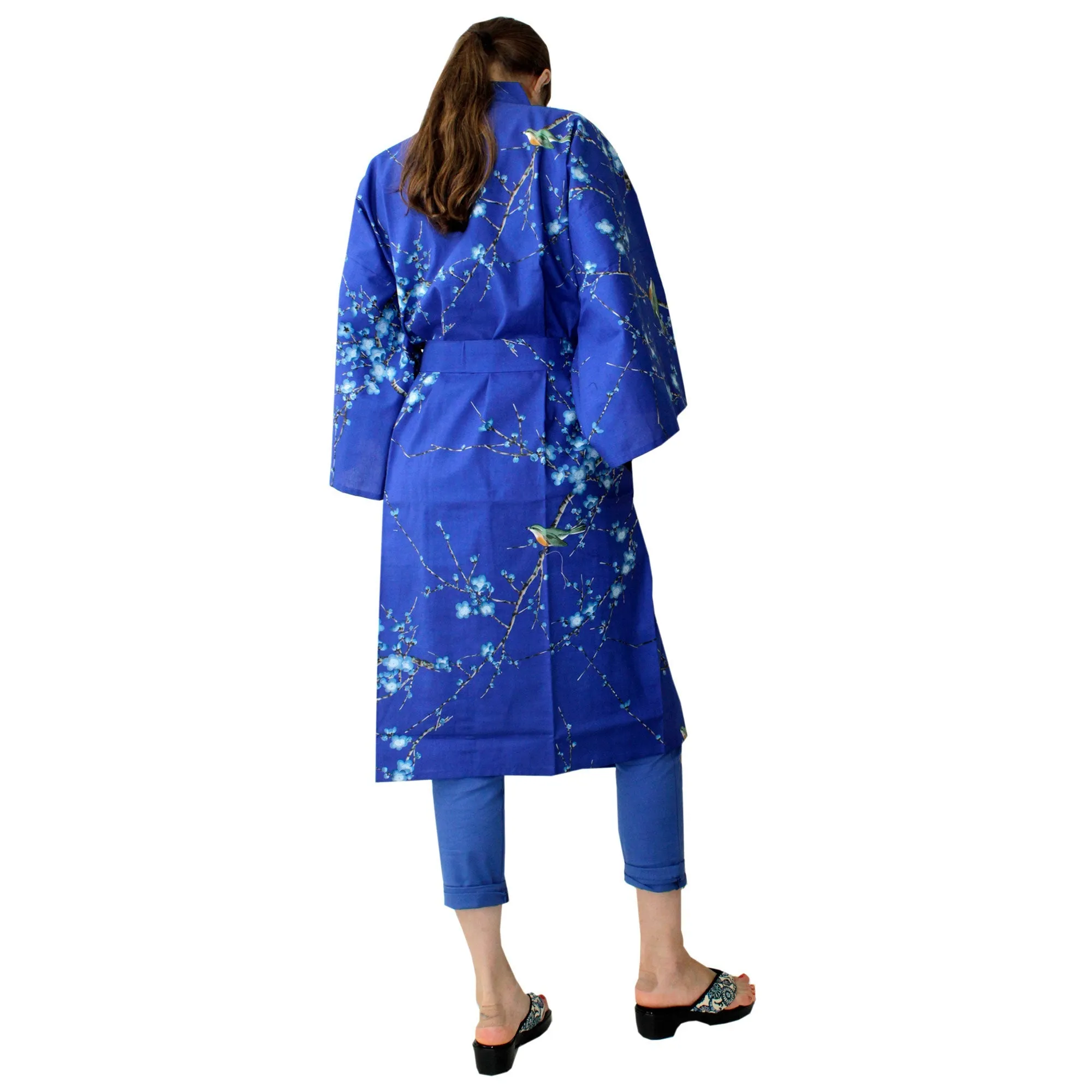 Women's Happi Coat: Kimono Robe - Plum & Bush Warbler Blue