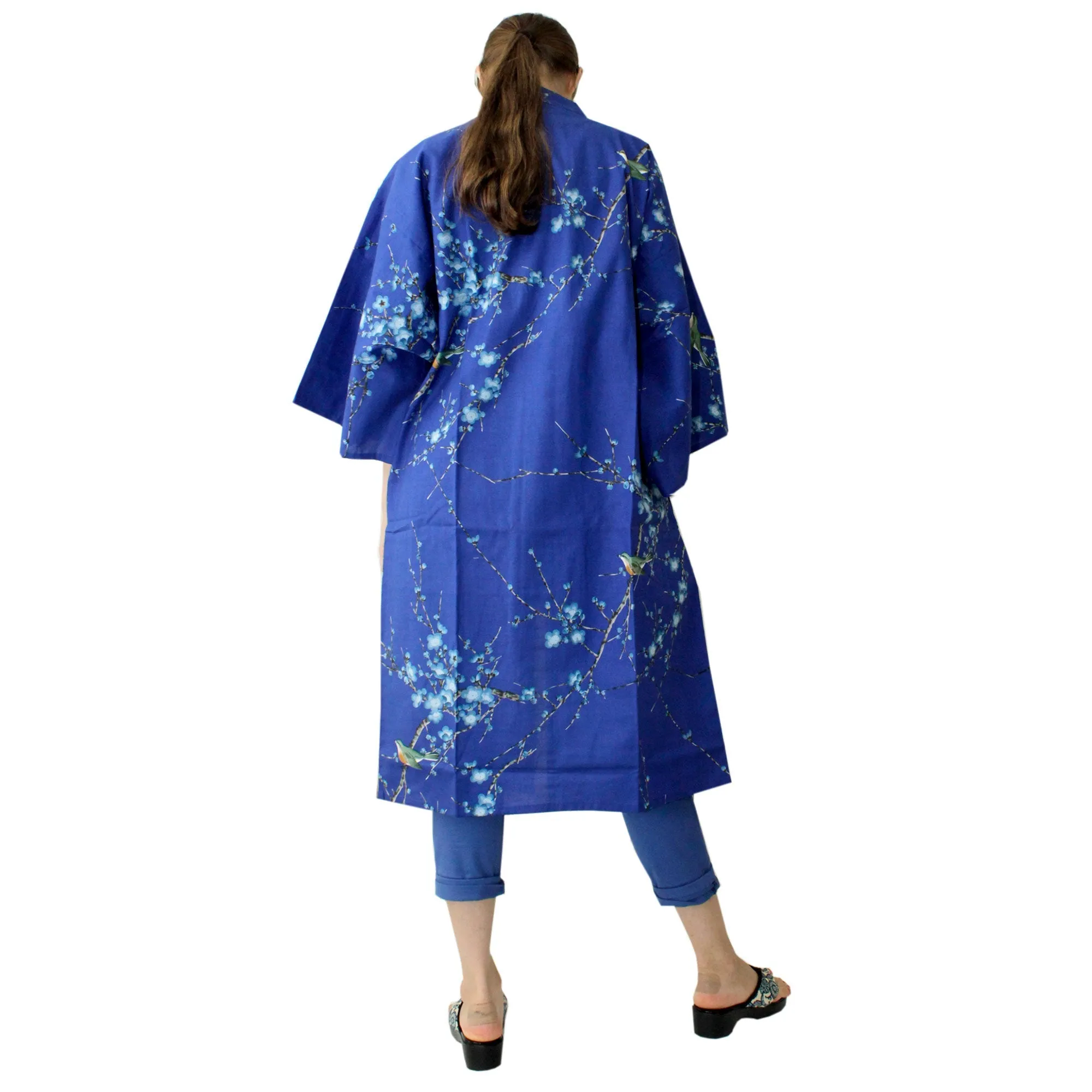 Women's Happi Coat: Kimono Robe - Plum & Bush Warbler Blue