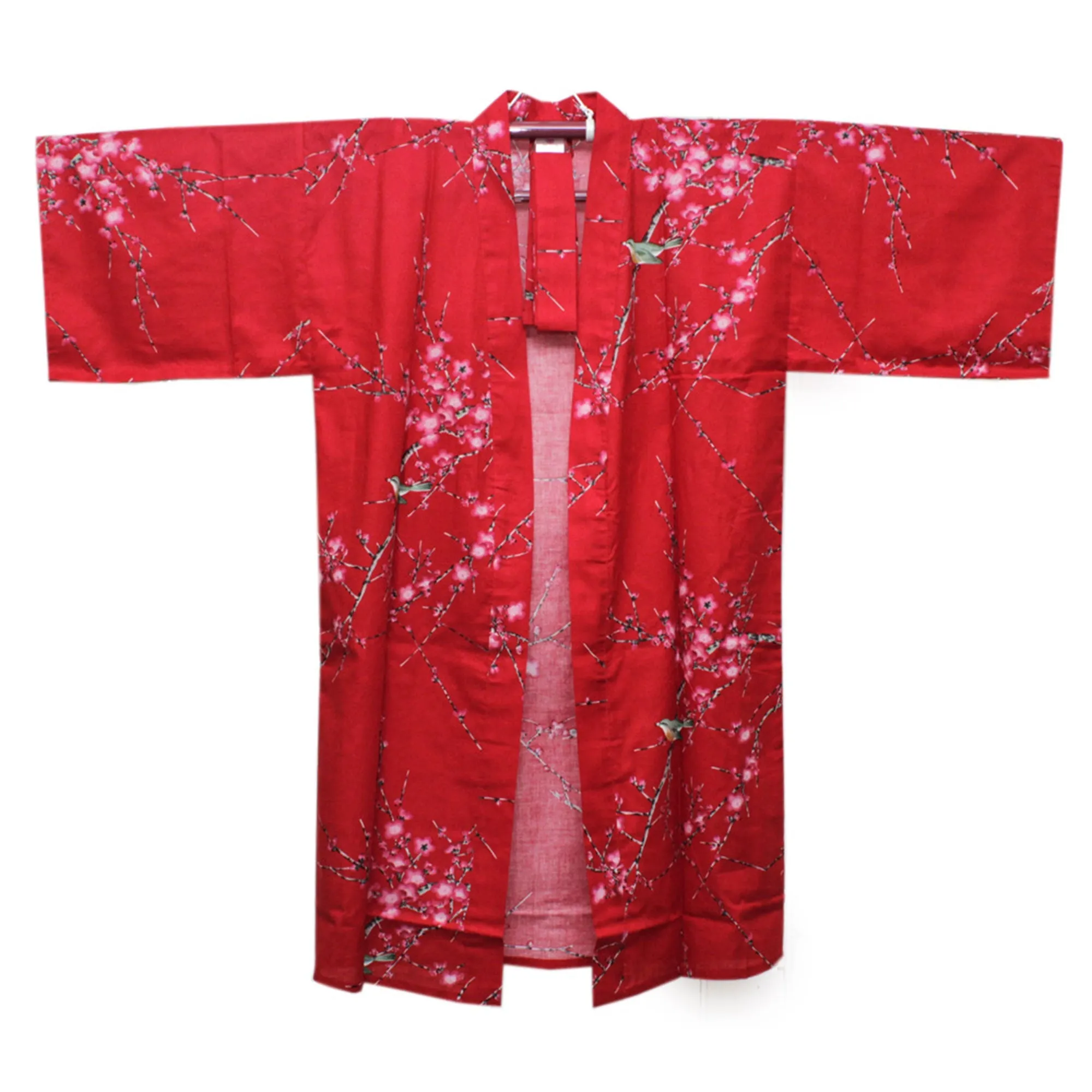 Women's Happi Coat: Kimono Robe - Plum & Bush Warbler Red