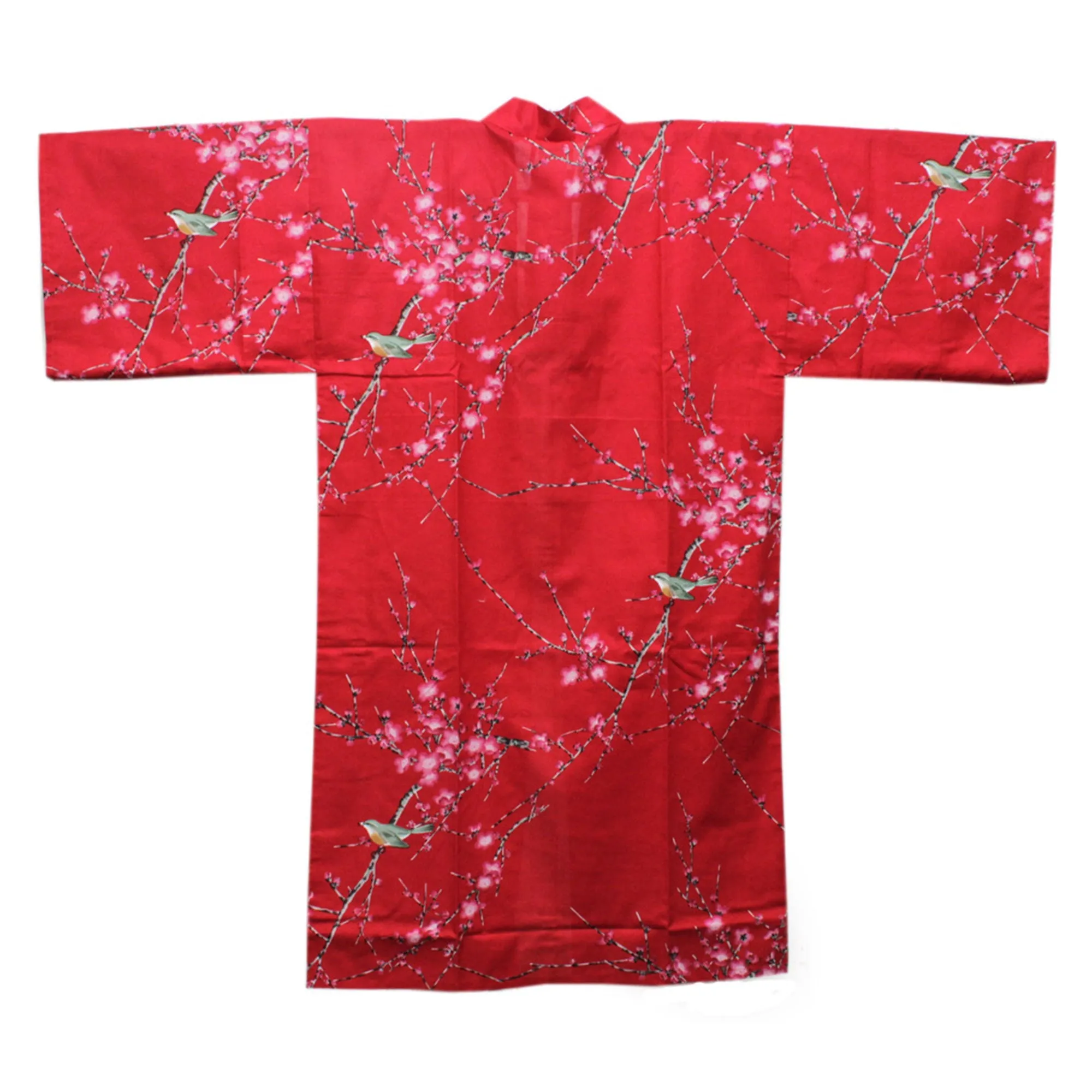 Women's Happi Coat: Kimono Robe - Plum & Bush Warbler Red
